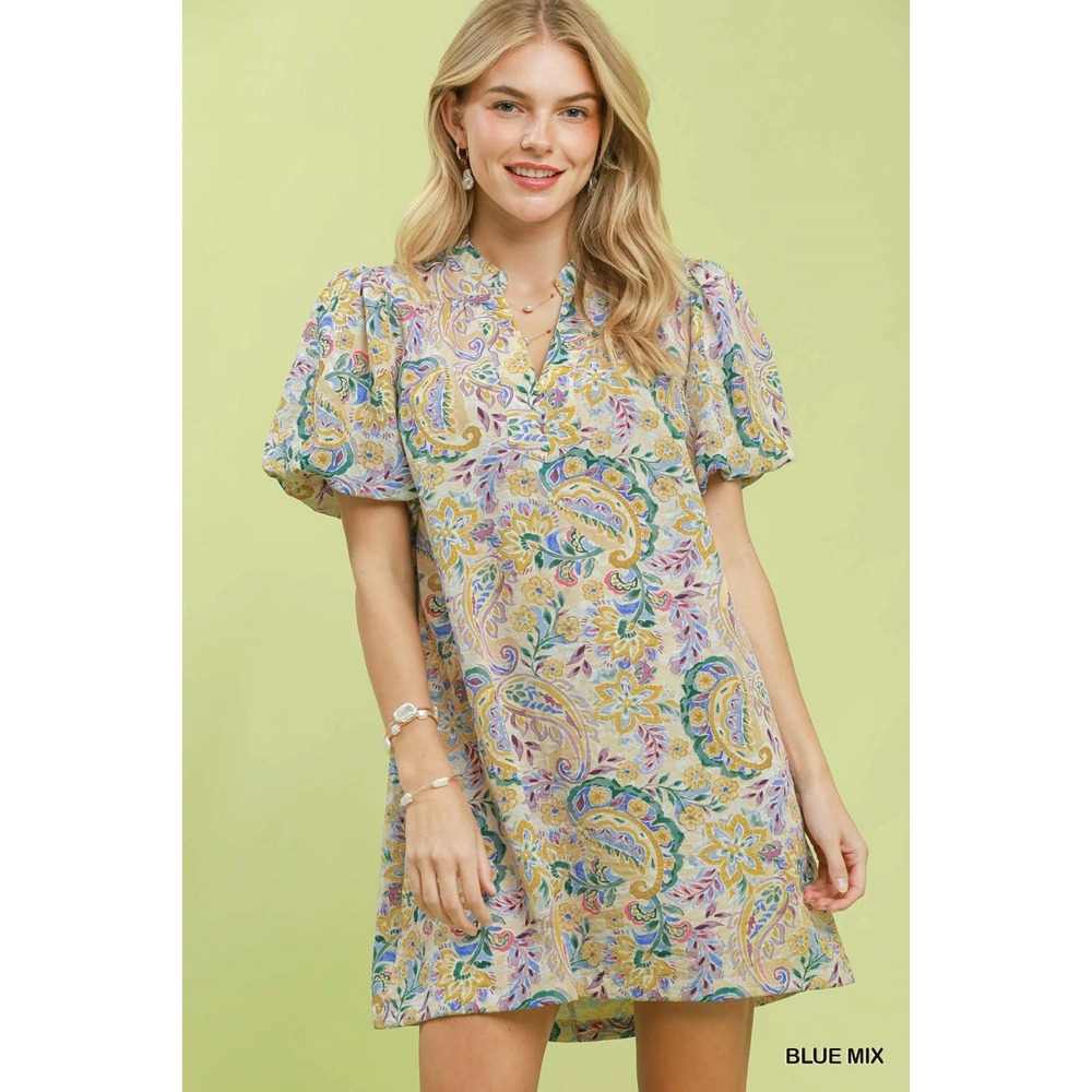 Umgee Paisley Floral Puff Sleeve Shift Dress - Blue Mix - Medium